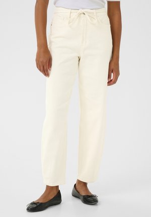 Crème-kleurige, hoge taille jeans met een relaxte pasvorm en een trekkoord in de taille, uitgerust met een gladde textuur en schone zoom.
