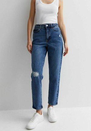 Blauwe high-waisted denim jeans met een ontspannen pasvorm, met versleten gebieden op de knieën en afgewerkt met een klassieke vijf-vaks ontwerp.