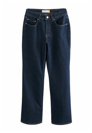 Donkerblauwe denim jeans met een comfortabele pasvorm, rechte pijpen, drie zakken en stiksels. Voorzien van een knoopsluiting en riemlussen.
