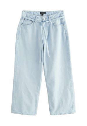  Lichtblauwe wijde jeans met een koord in de taille, vijf zakken en een iets vervaagde denimtextuur. Bevat stikseldetails.
