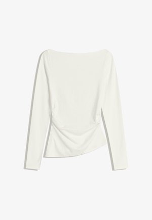 Witte lange mouwen dames top met bateauhals, gerimpelde taille en een licht getailleerd silhouet.
