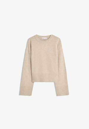 Beige cropped sweater gemaakt van zacht breimateriaal. Heeft een ronde halslijn, lange mouwen en geribde boorden en onderkant voor extra textuur.