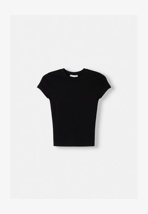 Zwart t-shirt met korte mouwen van katoen. Fitted ontwerp, ronde hals en een gladde textuur. Geen patronen of extra hardware zichtbaar.