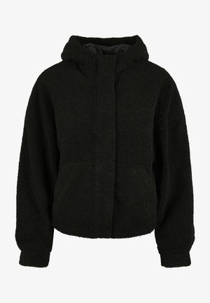 Zwarte fleecjas met een capuchon, voorzakken en een textuur met een donzige buitenkant voor extra warmte. Lichtelijk cropped ontwerp met elastische mouwen.