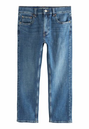Denim jeans in mediumblauwe kleur, met een klassieke vijf-pocketdesign, rechte pijpen en oranje stiksels door het hele kledingstuk.
