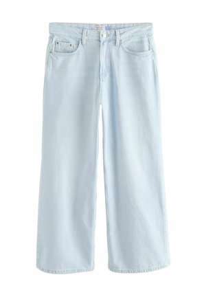  Lichtblauwe wijdvallende jeans met een hoge taille, gemaakt van denim. Voorzakken en een knoopsluiting, met een schone, minimalistische stijl.