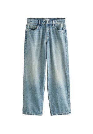 Lichtblauwe denim jeans met een relaxte pasvorm, rechte benen, vijf zakken en een knoopsluiting. Verbleekte was met subtiele wassing details.