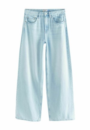 Lichtblauwe wijde jeans van denim, met een hoge taille, vijf zakken en een schone zoom met subtiele vervaging.