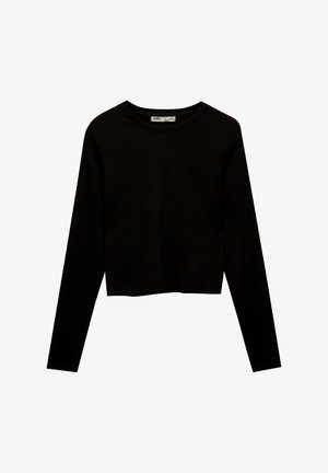 Zwarte cropped langwerpige top gemaakt van zachte, rekbare stof. Beschikt over een ronde halslijn en een eenvoudig, minimalistisch ontwerp zonder patronen.
