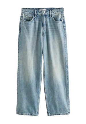Lichtblauwe, wijde denim jeans; heeft vier zakken, een rits aan de voorkant en subtiele vervaging voor een verouderde uitstraling.
